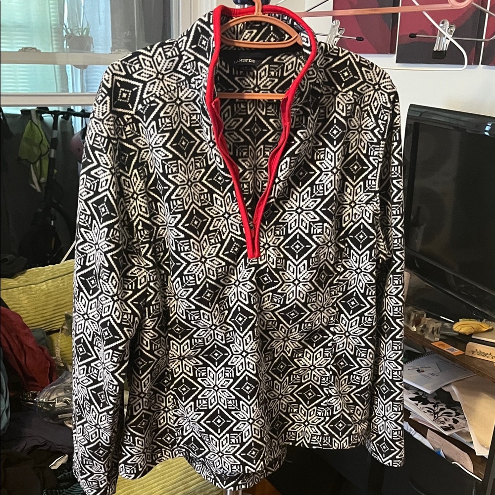 Lands' End Black and White Patterned Pullover with Red Trim